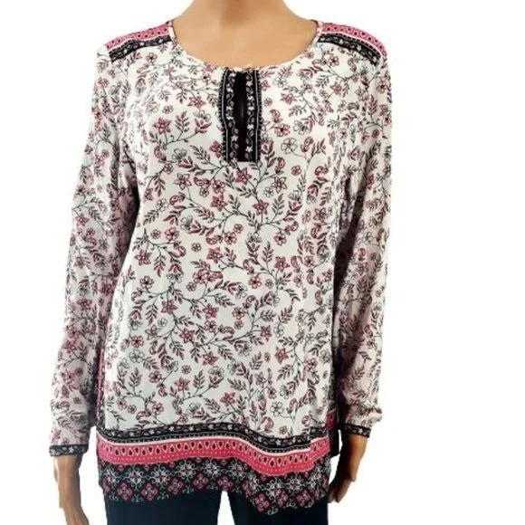J.Jill Women's Border Floral Print Long Sleeve Peasant Top Black/Pink Sz Medium - Picture 4 of 13